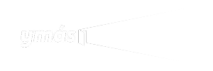 Texto blanco "ymás" con un haz triangular blanco que se extiende desde el lado derecho, similar a un foco que brilla desde la letra "a". El fondo es negro.