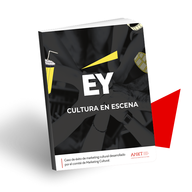 Maqueta 3D de un libro titulado "EY Cultura en Escena" con ilustraciones de bebidas, una claqueta y entradas en la portada. En la parte inferior se menciona como un caso práctico de marketing cultural del Comité de Marketing Cultural.
