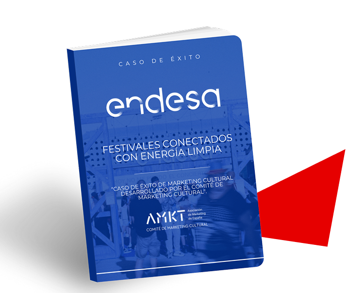 Un folleto azul y blanco titulado "endesa: Festivales conectados con energía limpia" se muestra en posición vertical, con una imagen de fondo borrosa y una forma geométrica roja debajo.