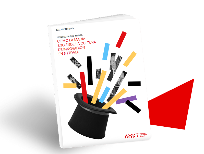 Portada de un libro con un sombrero de copa negro del que salen rectángulos de colores y tiras de fotos en blanco y negro. El texto en español dice: "Cómo la magia enciende la cultura de innovación en Intidata".